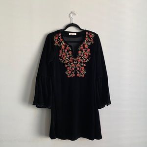 Velvet Dress with Embroidered Flowers